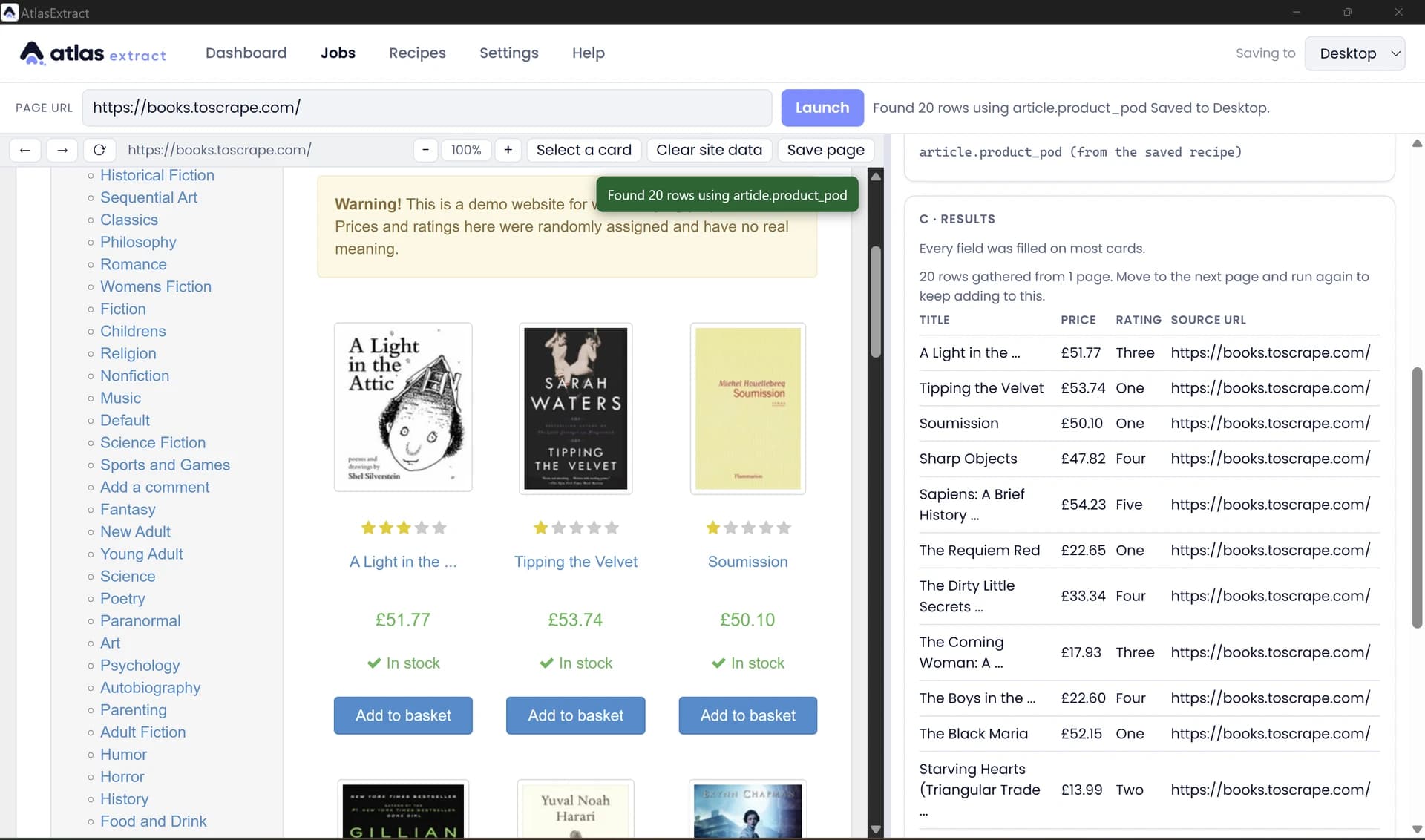 Results table: 20 rows with title, price, rating and source URL
